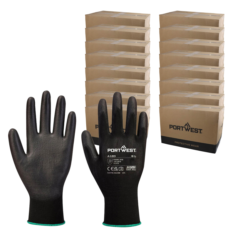 16 Cases of Portwest A120 Black PU Palm Gloves (4608 Pairs)