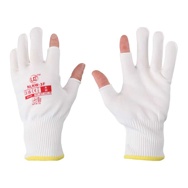 UCi Partially Fingerless Knitted Nylon Low-Linting White Gloves NLNW-3F