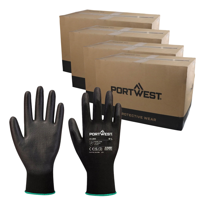 Four Cases of Portwest A120 Black PU Palm Gloves (1152 Pairs)