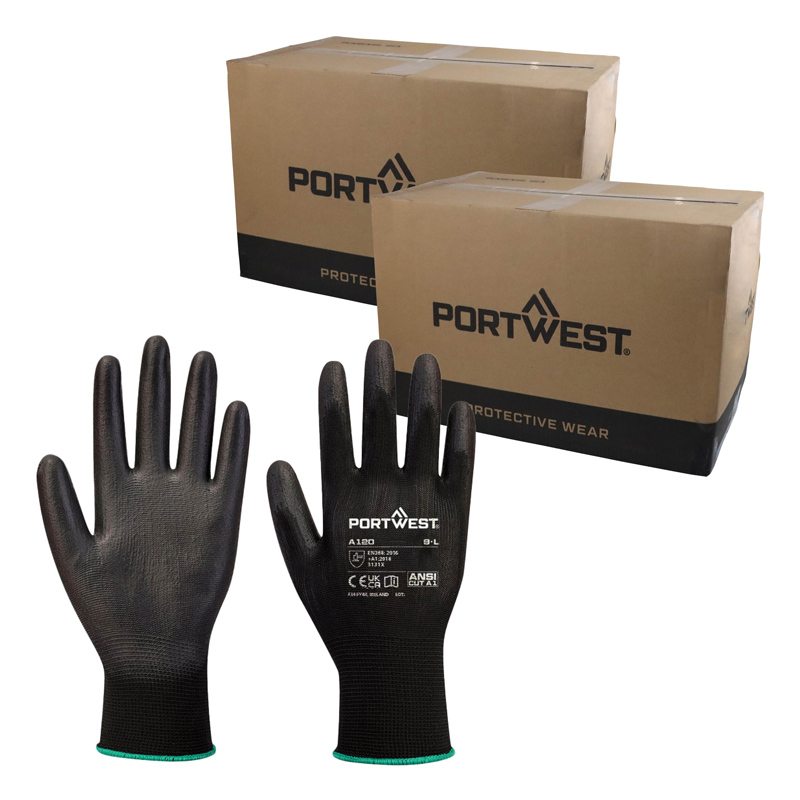 Portwest A120 Black PU Palm Gloves (Double-Case of 576 Pairs)