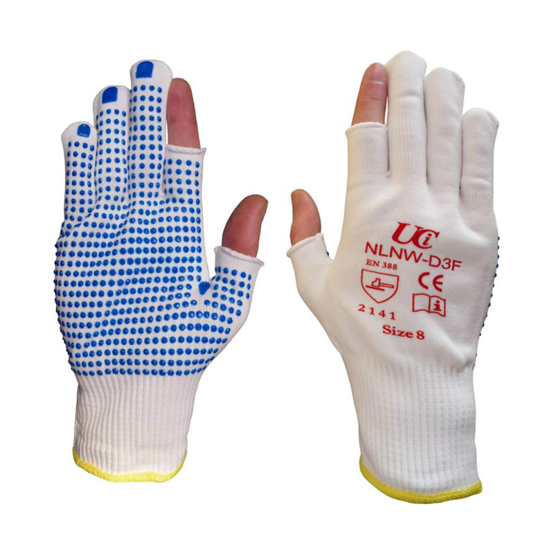 Uci NLNW-D3F Low-Lint Semi Fingerless Work Gloves with PVC Palm Dots