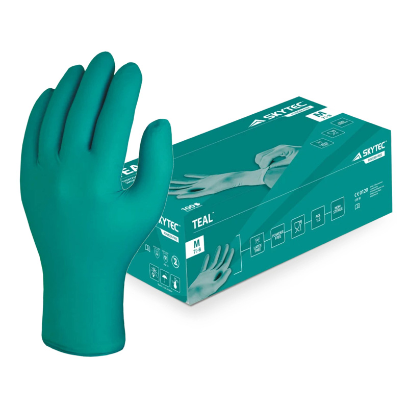 Skytec Teal Chemical-Resistant Disposable Nitrile Gloves (Box of 100)